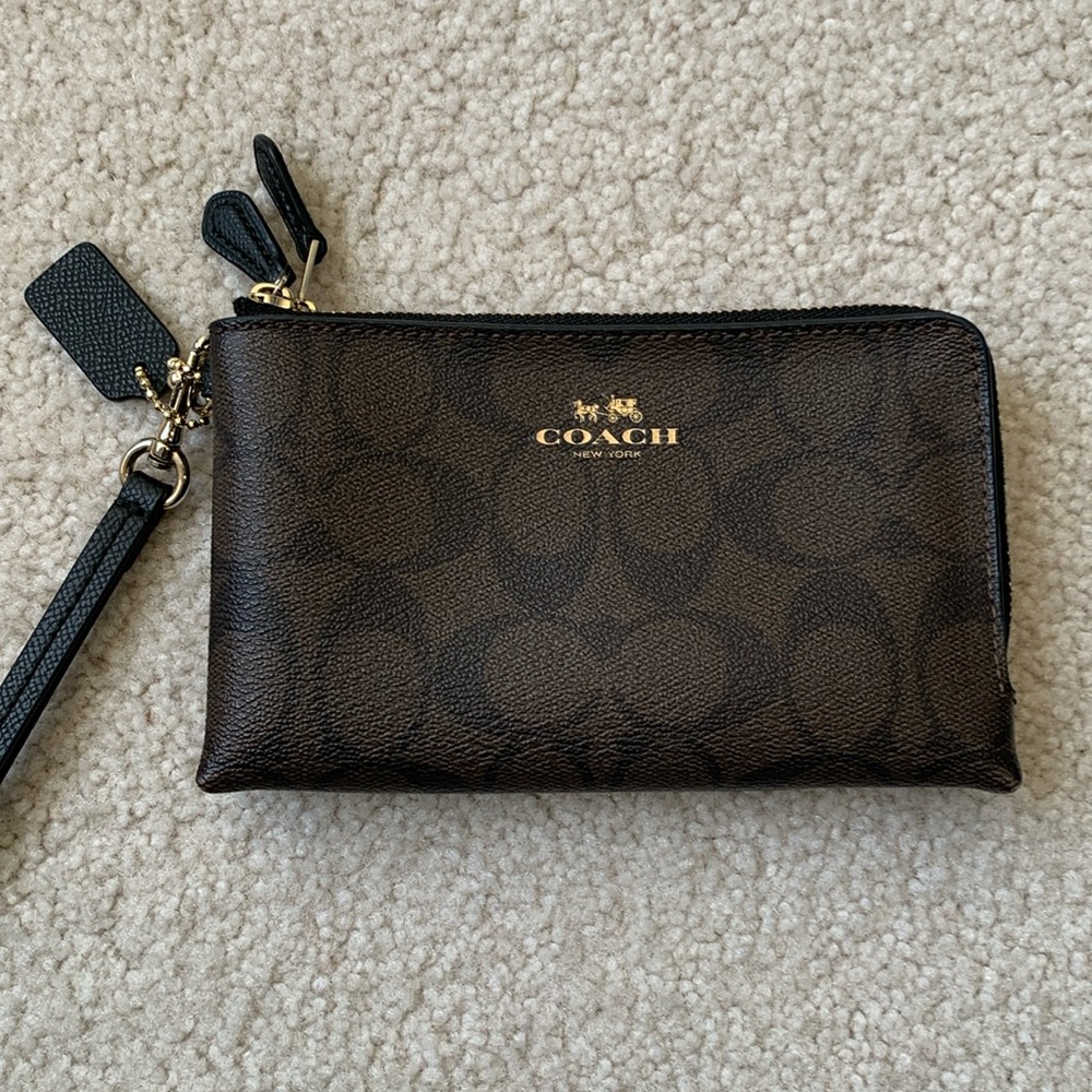 Coach Brown Signature Double Corner Zip Wristlet , NEVER USED!